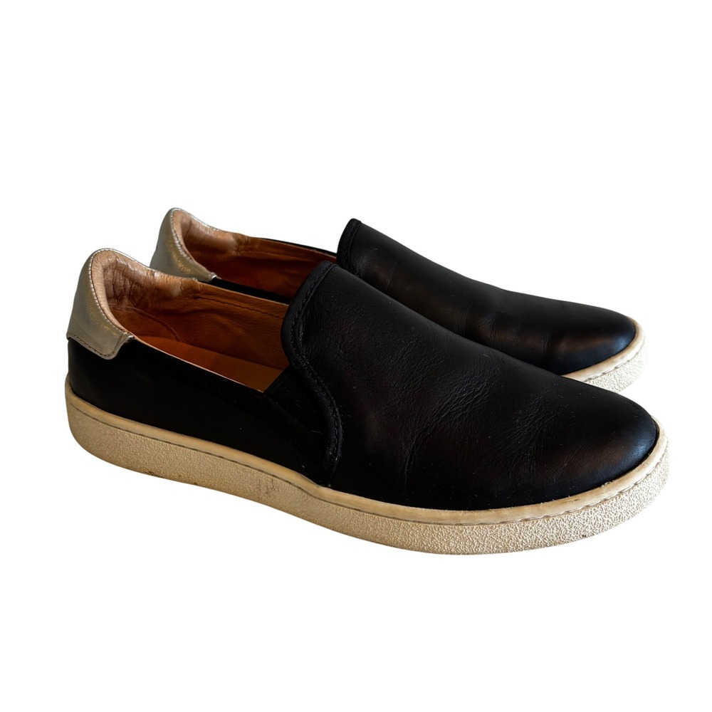 UGG Jass Black Leather Slip On Sneakers Metallic Silver Heel 1019108 Womens 7.5